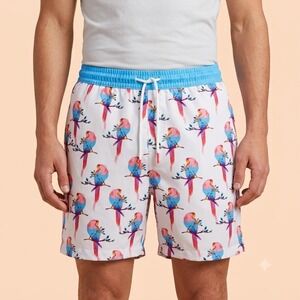 Public Record Swim Trunks Mens M Parrot Print Blue Waist Drawstring Lined
